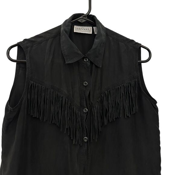 Croquet Clue Black 100% Silk Sleeveless Western Fringe Button Up Blouse Size M - Picture 5 of 7